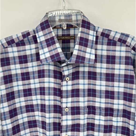 PETER MILLAR long sleeve casual shirt plaid 100% cotton button down purple XL - Picture 1 of 8